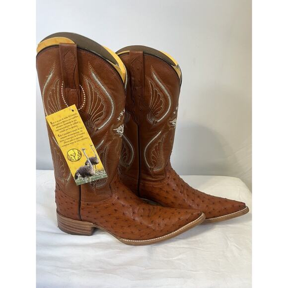 J TOE RODEO COWBOY BOOTS Men’s Sz 6 Exotic Leather Ostrich Tan El General - Picture 1 of 6